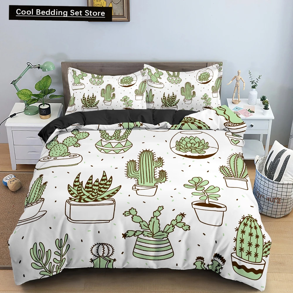 

Cactus King Queen Duvet Cover Succulents Bedding Set for Kids Teens Adults Green Botanical Flowers 2/3pcs Polyester Quilt Cover