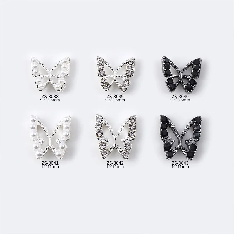 10Pcs New nail alloy jewelry with hollowed out metal butterfly, three-dimensional diamond inlaid pearl jewelry design, nailcharm