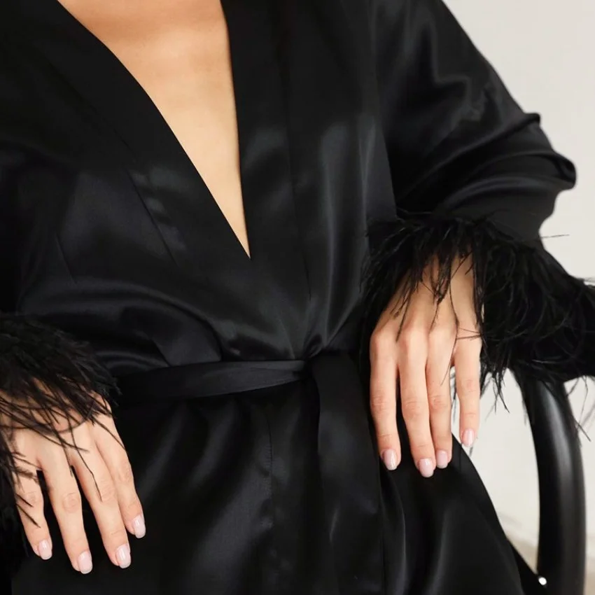 QSROCIO High Quality Cuff Feather Bathrobe Satin Silk Like Sexy Robe Long Sleeve Loose Peignoirs Black