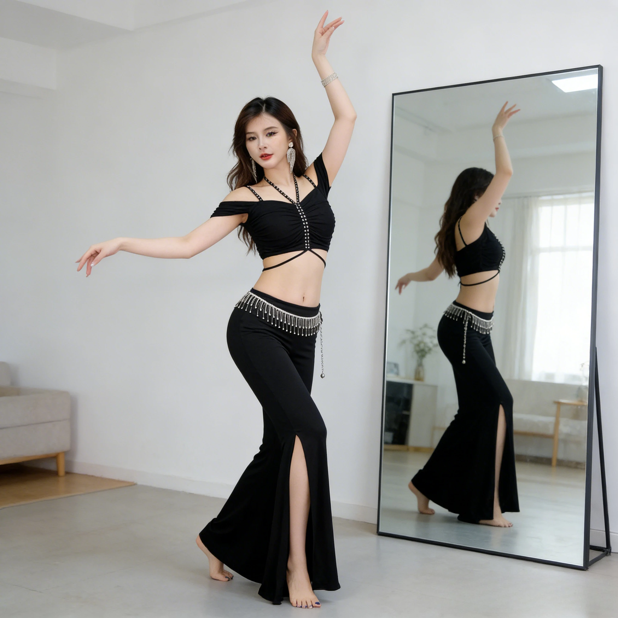 

Новый комплект брюк для танцев живота для женщин, весенне-летняя одежда для тренировок, сценический костюм для восточных танцев, подходит для начинающих