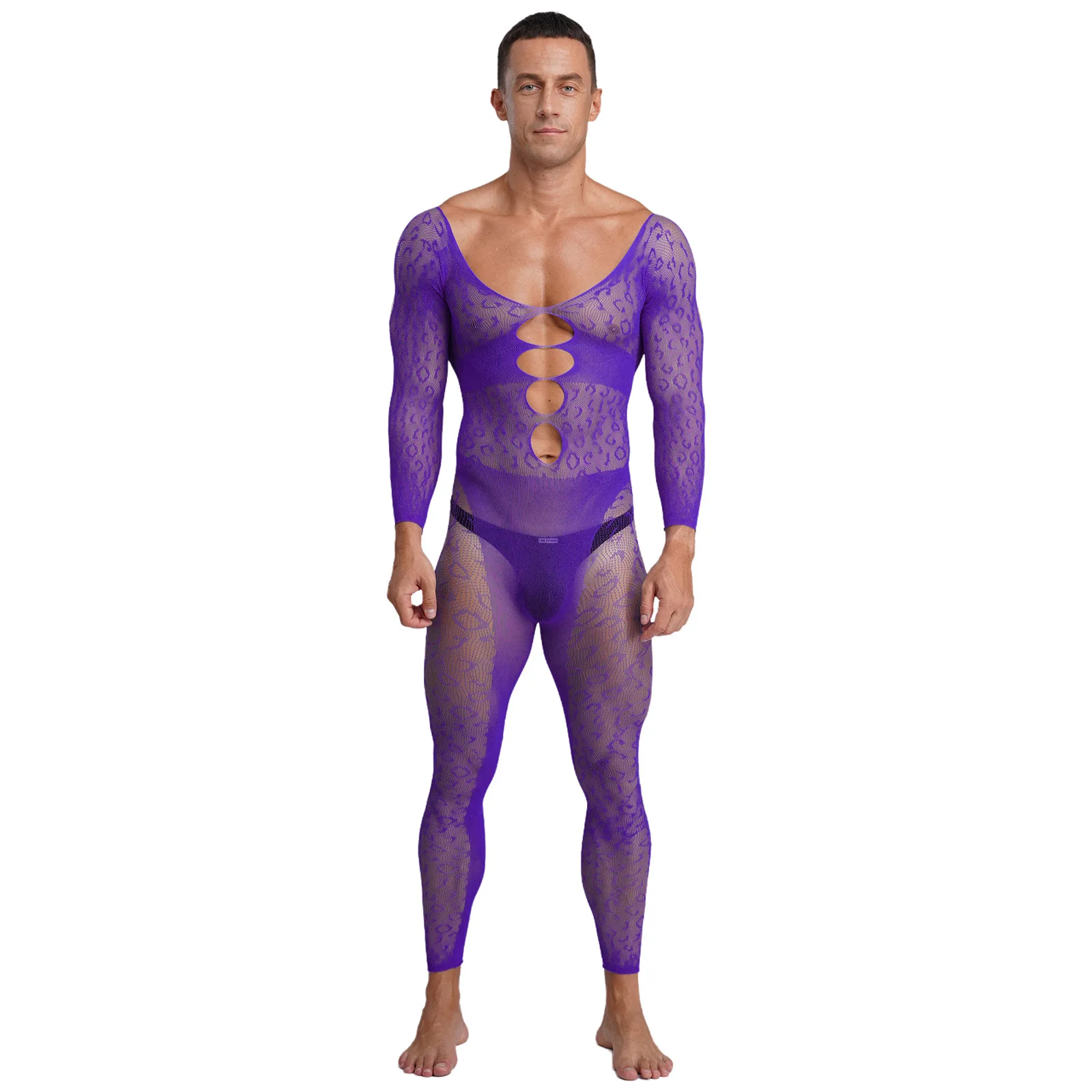 

Mens Sexy Fishnet Jumpsuit Long Sleeve Hollow Out Stretchy See Through Unitard Catsuit Bodysuit for Nightclub Raves Party