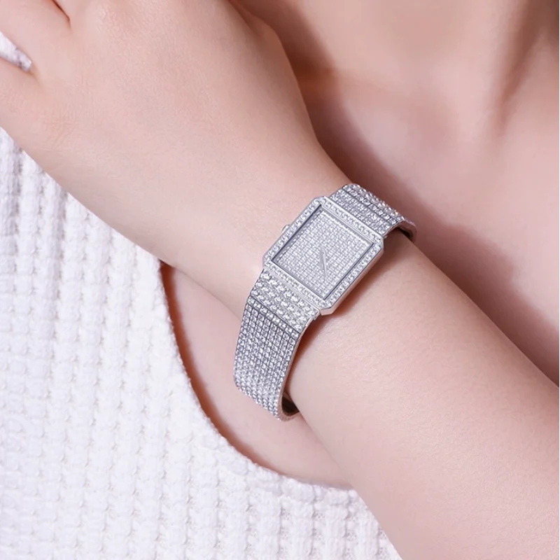 BELLUX Fashion Luxury White Full Diamond Women's Watch Artificial Zircon Unique Square Dial Watch