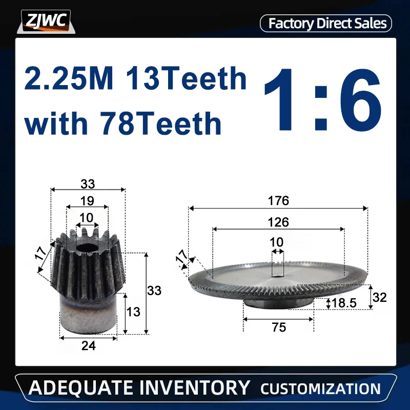 1 Set 1:2 Bevel Gear 2.25M 13T:78T 2.25 Modulus 13 Teeth+78Teeth 90 Degree Drive Commutation Steel Gears 90 Degree Transmission