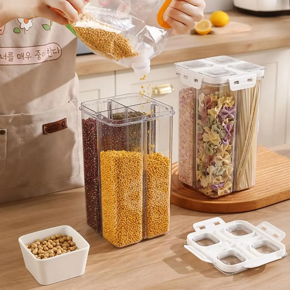 

Plastic 4 Grids Food Storage Containers Transparent Large Capacity Airtight Cereal Storage Container Moisture-proof