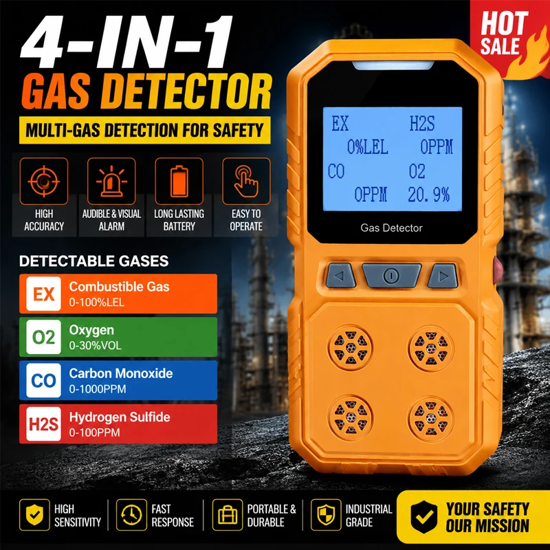 

Portable 4 in 1 Gas Detector H2S CO O2 LEL Combustible Gas Leak Detector Sound Light Vibration Alarm Industrial Toxic Harmful Ga