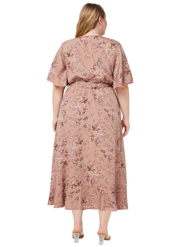 GIBSIE Plus Size V Neck Butterfly Sleeve Ruffle Hem Dress 2024 Summer Women's Floral Print Vacation Casual Pocket Long Dresses