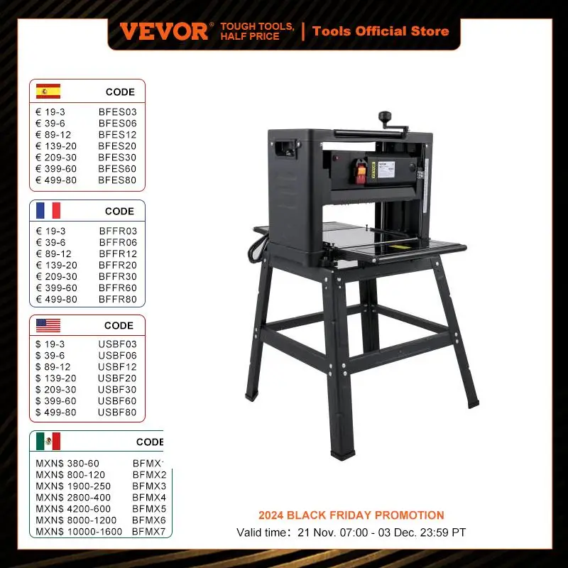 VEVOR Raboteuse à Bois 304 mm, Raboteuse Stationnaire Rabot Électrique 2000 W, 8000 tr/min Machine