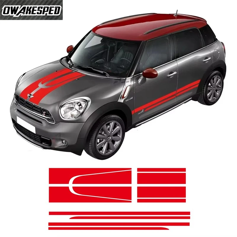 

Для MINI Cooper Countryman R60 JCW: виниловая наклейка на капот, крышку двигателя, багажник, задний обвес, боковые полосы, наклейки на пороги, аксессуары