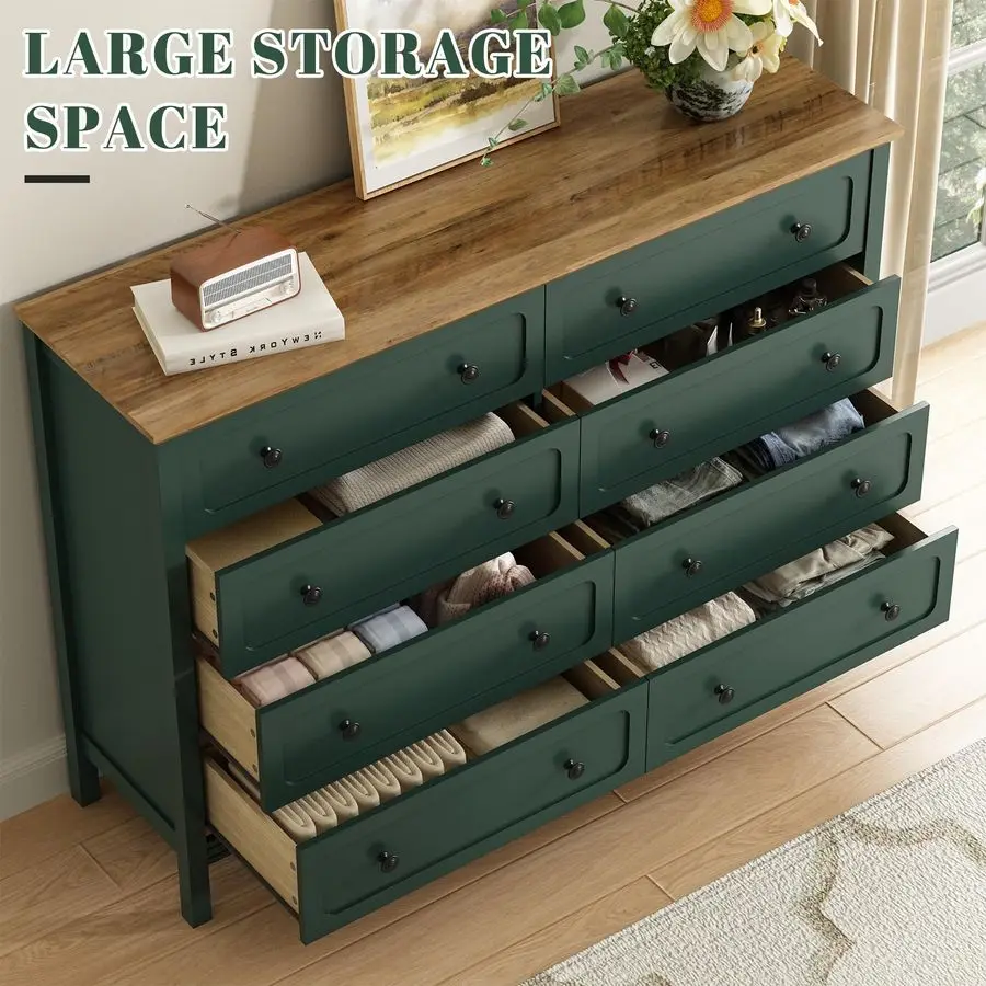 침실용 그린 드레서, 55인치 폭 8서랍 드레서, 금속 손잡이와 깊은 서랍이 있는 모던 대형 원목 서랍장
