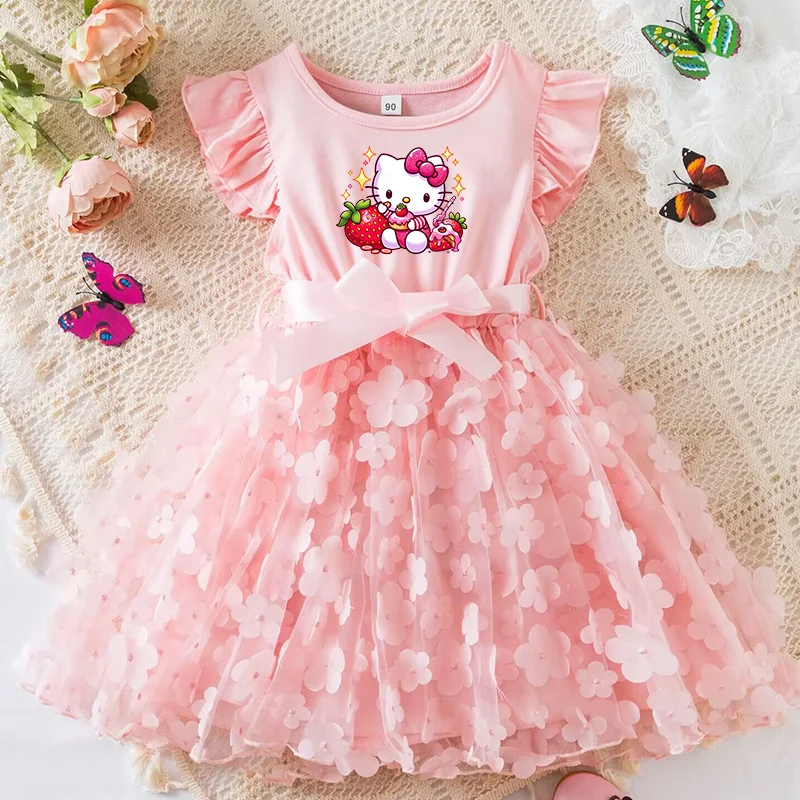 

Hello Kitty Girls Summer Dress Cartoon Bow Tutu Dress 3D Butterfly Cute Cotton Party Casual Dress for Baby 2-6 Years