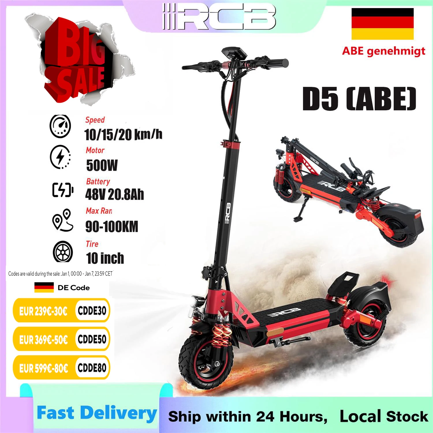 RCB D5 Electric Scooter, E-Scooter with Road Approval (ABE), 500W Motor, 10