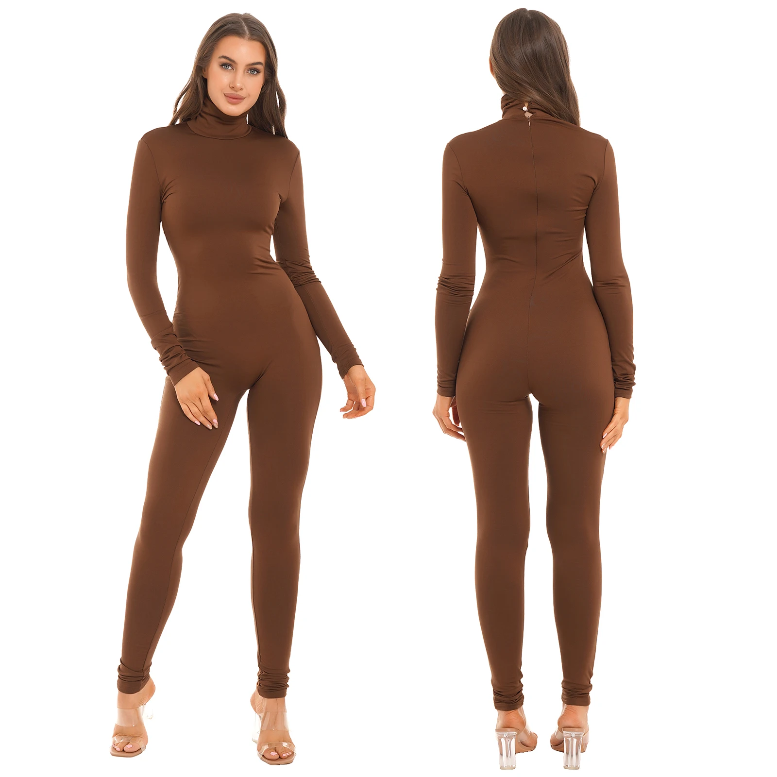 Vrouwen Effen Kleur Hoge Kraag Lange Mouwen Stretchy Lange Jumpsuit Bodysuit Voor Gym Yoga Fitness Workout Sport Fitness Jumpsuits