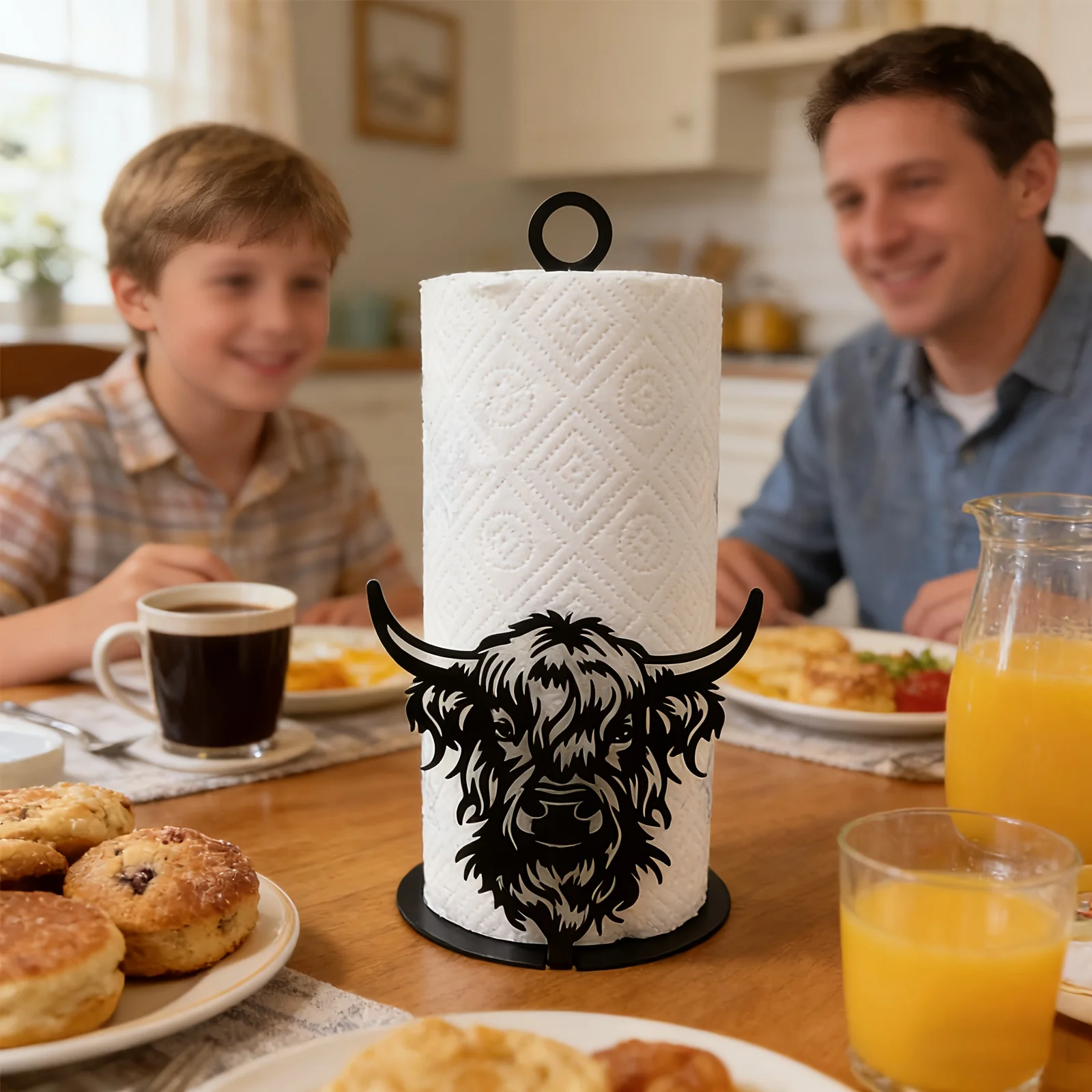 

Highland Cow Pattern Wrought Iron Kitchen Paper Holder Suitable for Vintage Kitchens and Coffee Corners