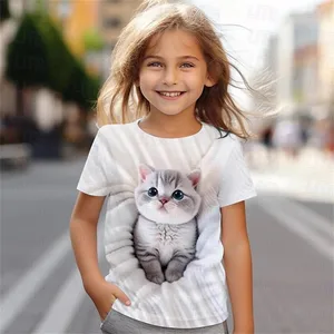 Kısa kollu tişört 3D Kedi Baskı, kızlar için, çocuk giyim, çocuk giyim, kostümler, moda, 2 ila 12 yaş arası çocuklar Giysilerin ilk 10 satışı, yılın başına-no. 9