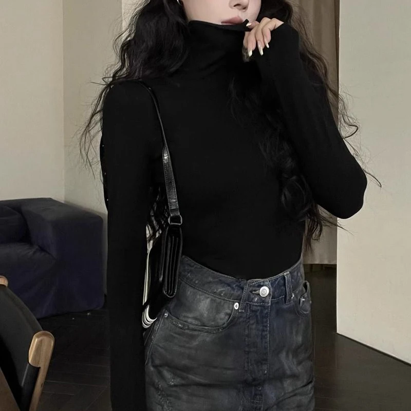 Otoño Invierno mujeres cuello alto sólido Tops mujer coreana térmica ropa de manga larga niñas cómodos jerseys elásticos