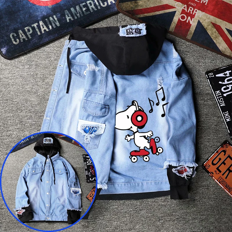 Snoopy Women Denim Jackets Drawstring Fake Two Hoodie Jacket Female Retro Jean Coat Ladies Button Hooded Sweatshirt Outerwear