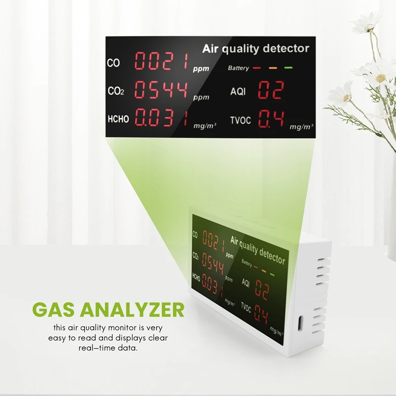 Monitor de calidad del aire multifunción 5 en 1 con pantalla LED Detector de contaminación del aire para CO/CO2/HCHO/AQI/TVOC exterior interior