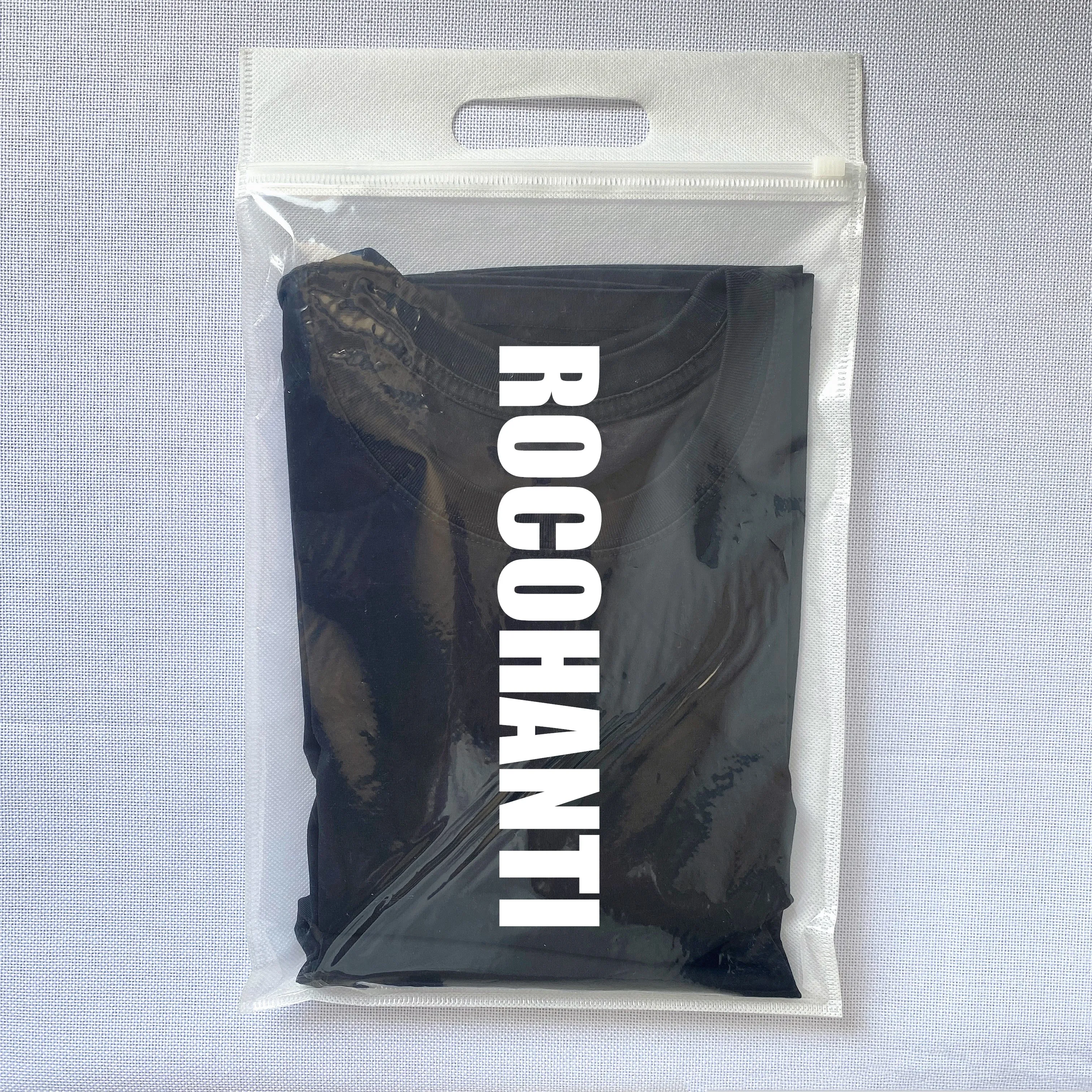 50pcs Custom Logo Printed Transparent Plastic Non-woven Zipper Bags with Handle Reusable Gift Packaging Bag Handbag for Clothing