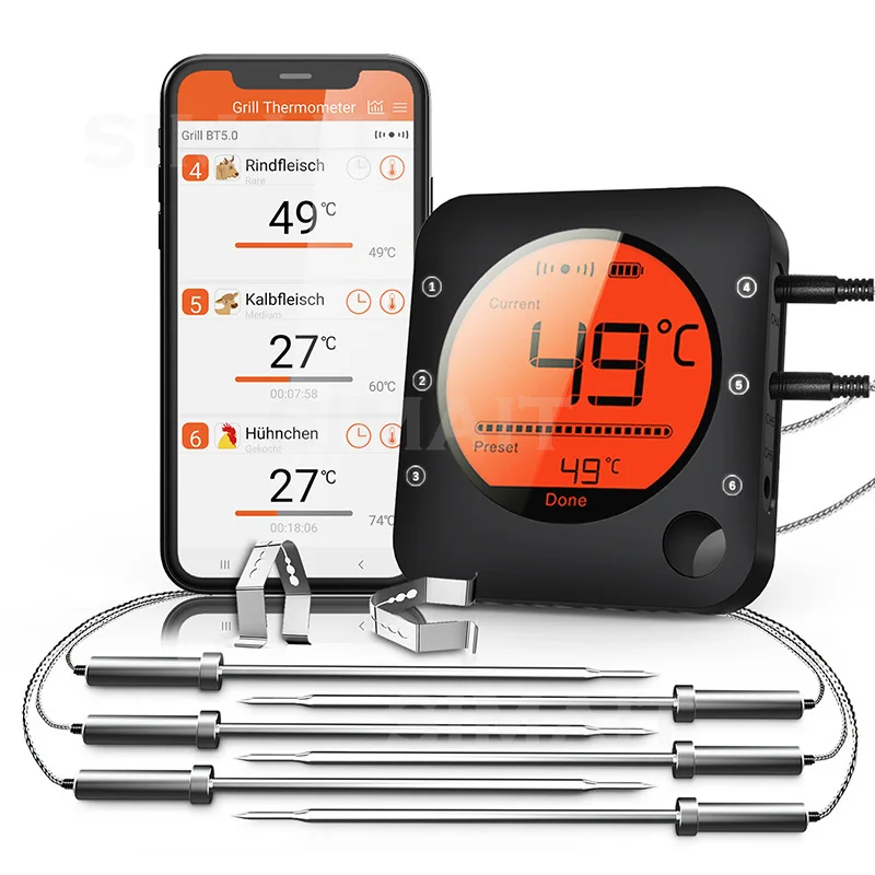 Wireless Bluetooth Meat Thermometer BBQ Kitchen Oven Thermometer 2-6 Probes