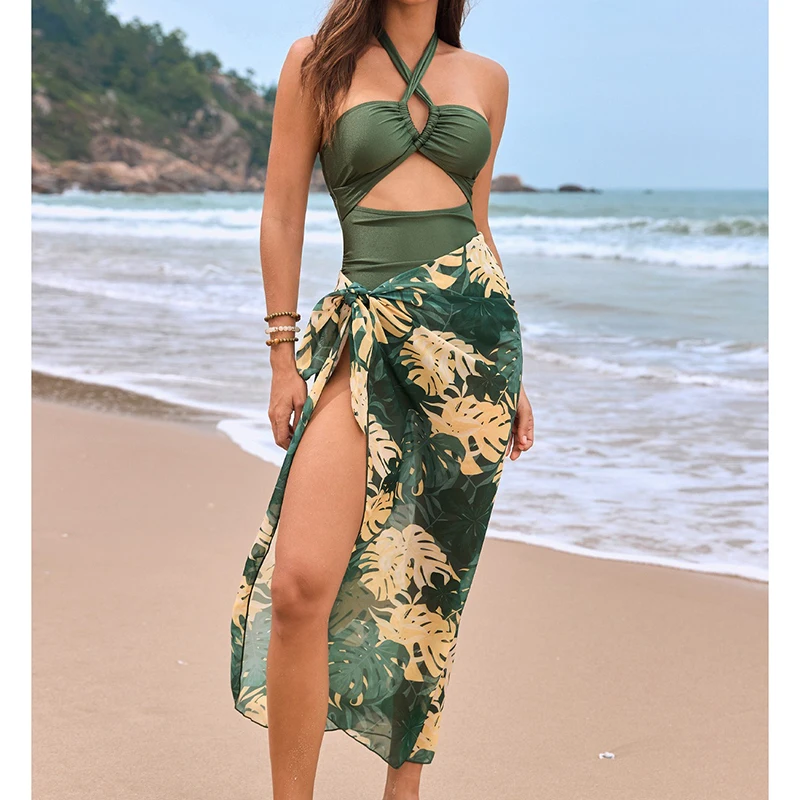 Halter Bikini Women One Piece Swimsuit Mesh Cover Up Spliced Print Hollow Out High Cut Brazilian Beachwear 2025 New Bathing Suit