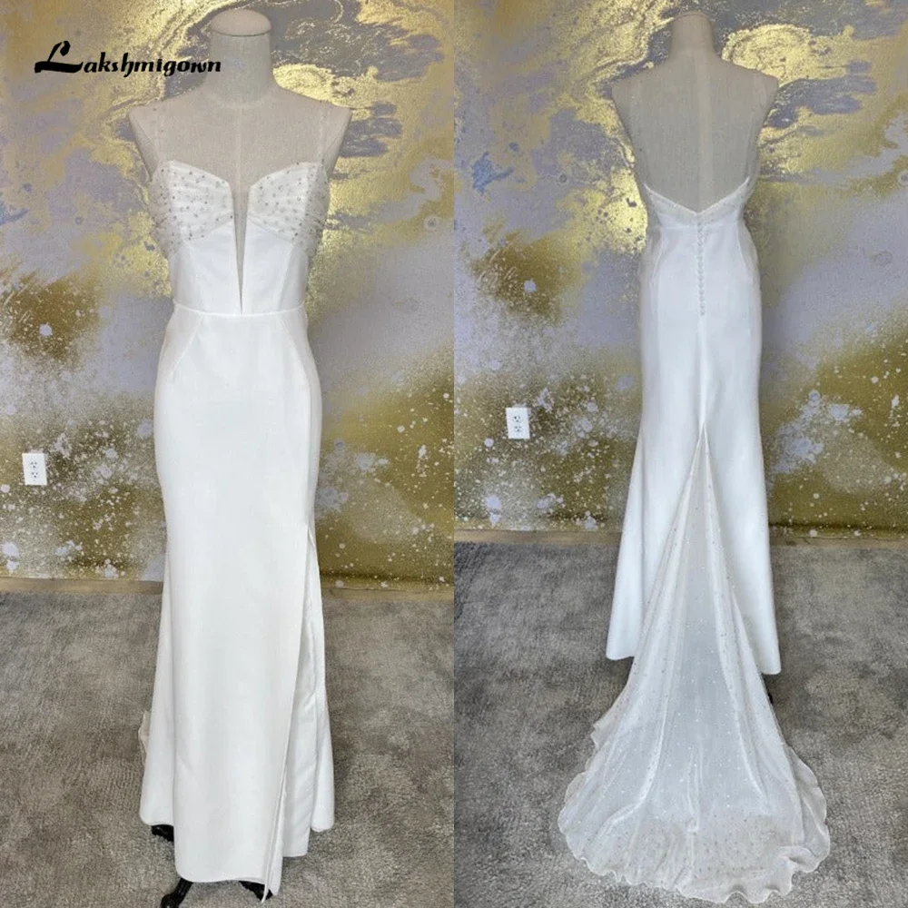 Boho V Neck Spaghetti Straps Sexy Open Back Button Beading Mermaid Wedding Dress Beach Bridal Gowns Sweep Vestidos De Novia Robe