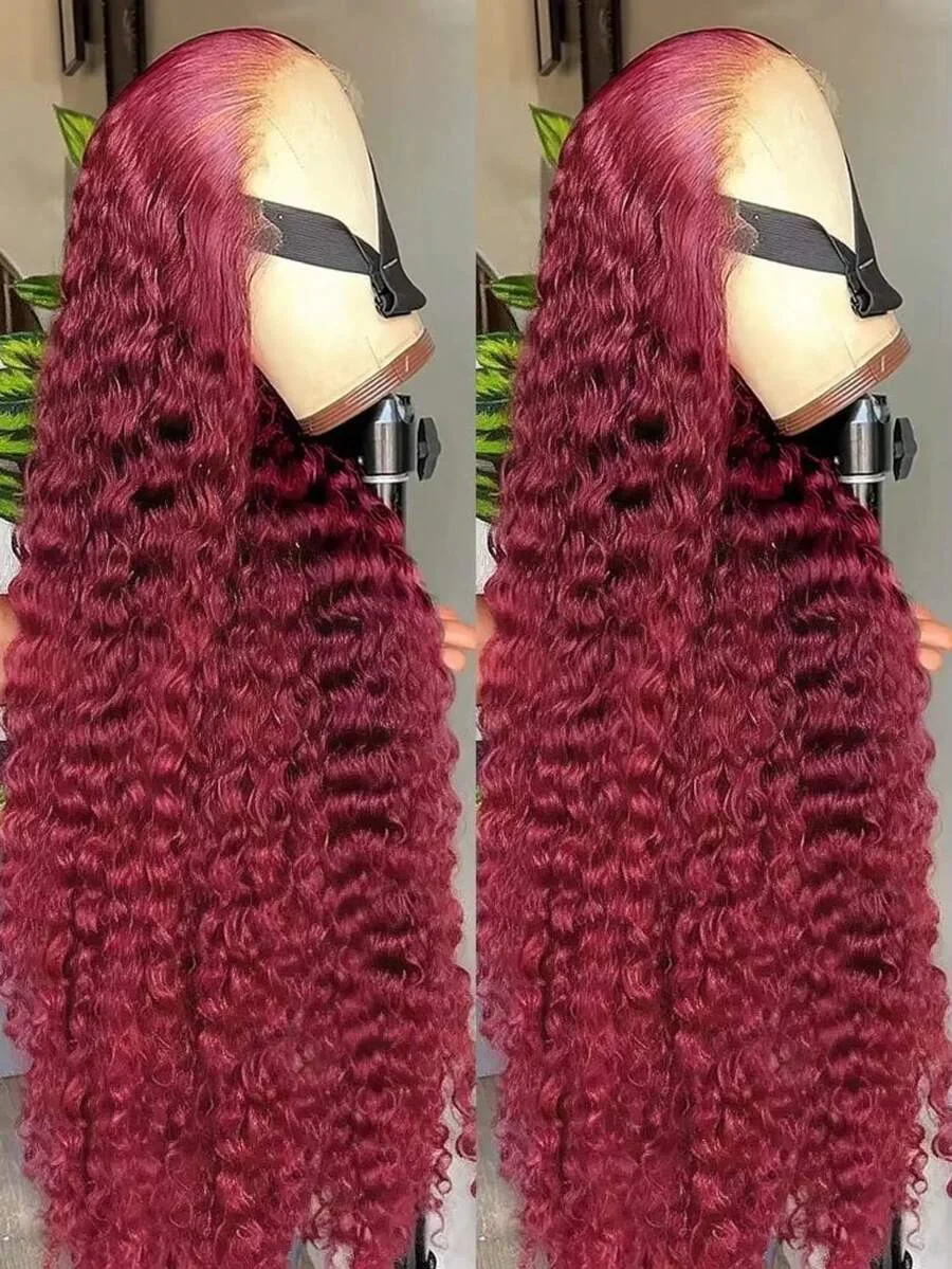 99j 13x4 Deep Wave Lace Front Wigs Burgundy Wig Human Hair  Human Hair Pre Plucked HD Transparent Lace Frontal Wigs For Women