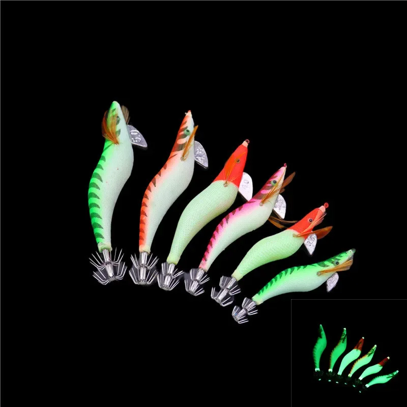 

4PCS Luminous Squid Jigs Prawn Hook Wooden Bionic Shrimp Baits Fishing Lures For Saltwater 21g