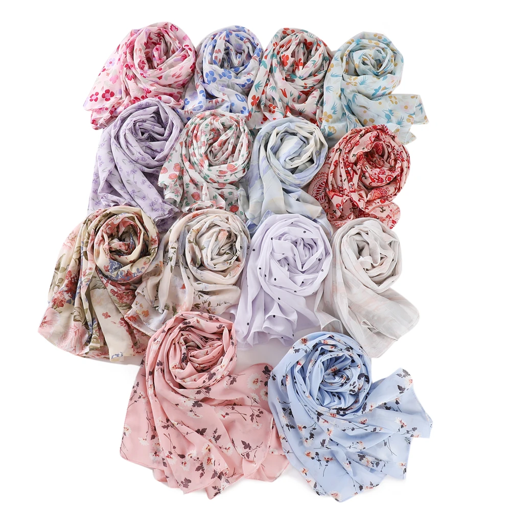 Printed Floral Chiffon Women\'s Scarf Foulard Femme Hijab Dot Muslim Woman Veil Beach Travel Stoles Tippet Maldives Wholesale