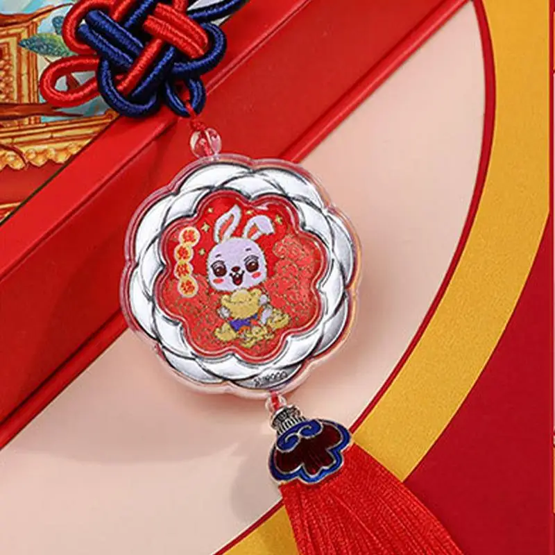 Rabbit Chinese Knot With Tassel Spring Festival Chinese Lunar New Year Good Luck Gold 99 Silver Car Hanging Pendant For Fortune