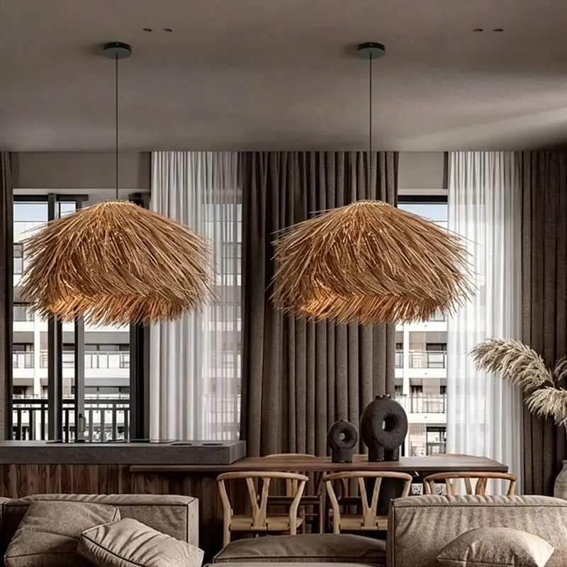 Wabi Sabi Straw Rattan Pendant Light Handmade LED Hanging Lamp for Living Room Restaurant Bedroom Home Decor Chandelier
