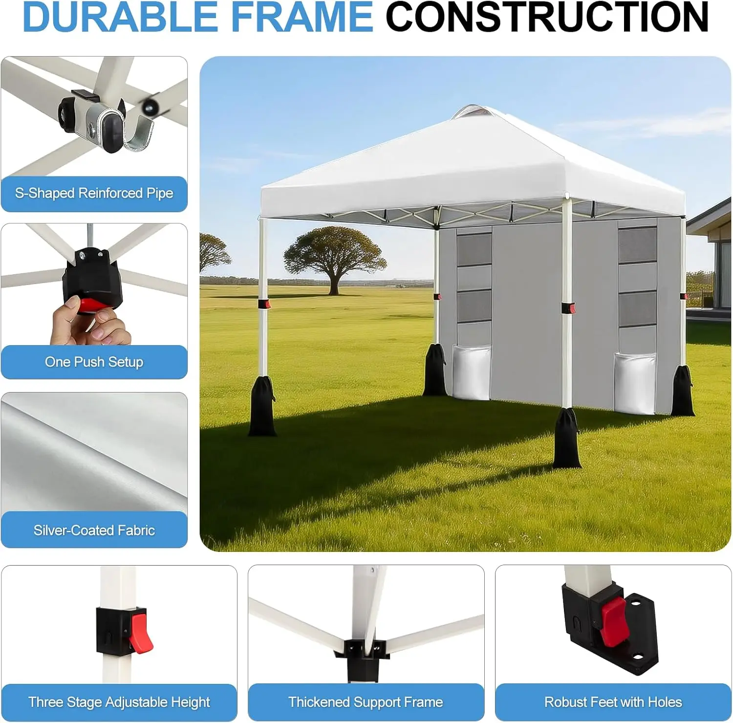 10x10 Pop Up Canopy Tent, 1-Button Push Setup Canopy Tent with 1 Sidewall, Adjustable Height Instant Portable Shelter, Portable Roller Bag,Easy Outdoor Sun Shade for Events,4 Weight Bags,White