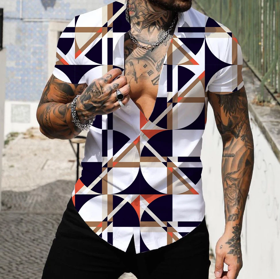 Camisa havaiana de manga curta masculina, tops de lapela, streetwear, impressão 3D, listrada, patchwork, roupas masculinas, moda praia, 2022