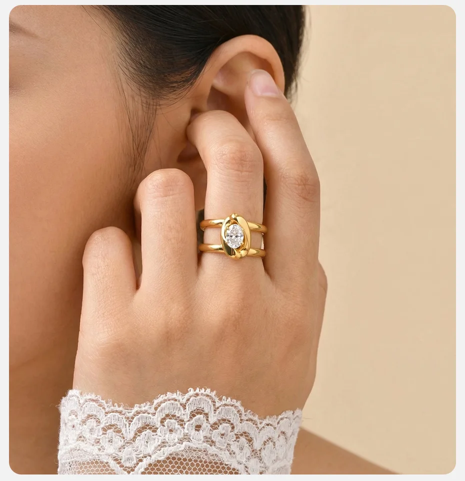 Vnox vergoldeter tropfenförmiger ovaler rosa-blauer Zirkon-Doppelschicht-Öffnungsring für Damen, glänzende Kristalle, Party-Fingerring, Schmuck – Detail 3
