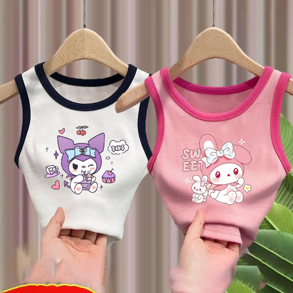 Sanrioed Cartoon Kuromi Melody Clothes Girl Crop Top Print Tank Tops Y2K Children Short Slim Vest Harajuku Black Sleeveless Tees