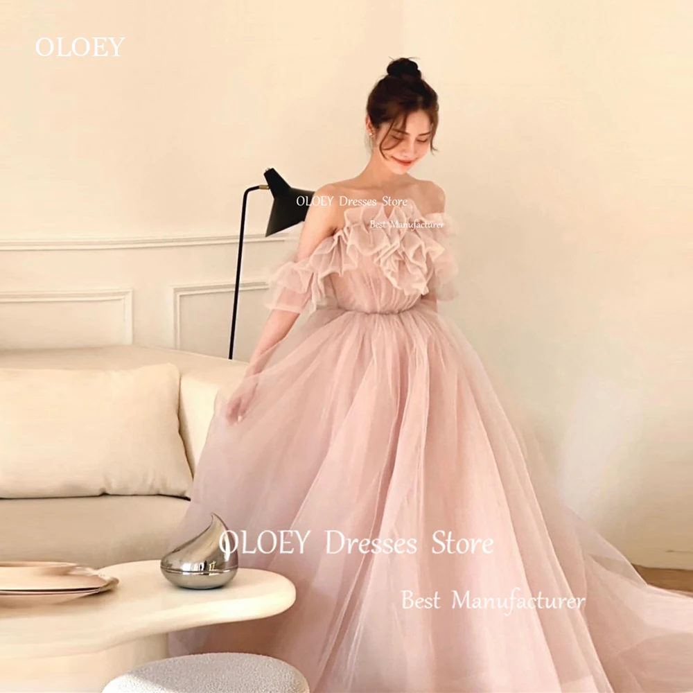 

OLOEY Blush Pink Tulle Fairy Evening Dresses Wedding Photoshoot Sleeves Ruffles Neck Corset Back Formal Party Dress Elegant