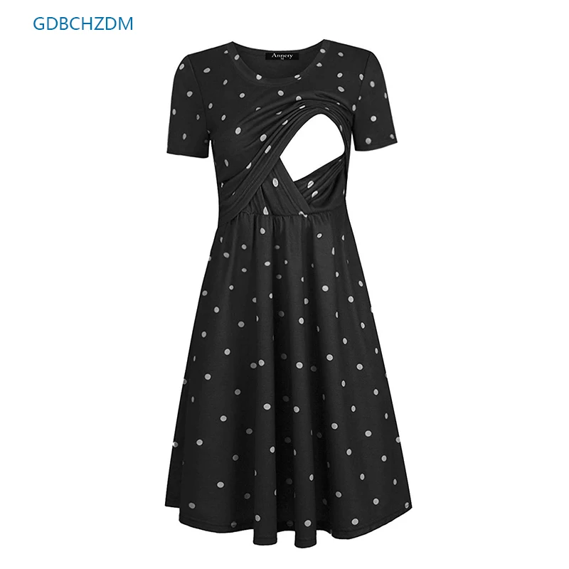 2022 New Fashion Pregnant Dress Short Sleeve Round Neck Dot Print Maternity Dress Nursing Dress