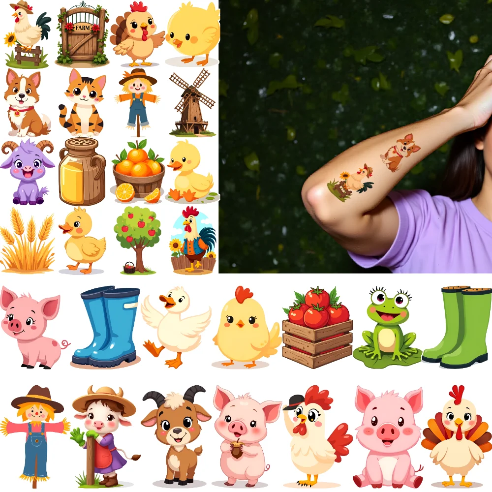 63 قطعة من ملصقات الوشم المؤقت على شكل حيوانات المزرعة، ملصقات تزيين كرتونية مقاومة للماء، ملصقات جسم طويلة الأمد للأسلحة