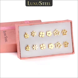 LUXUSTEEL 6Pairs/Box Stainless Steel CZ Earrings For Women Girls Piercing Stud Earrings Set Birthday Jewelry Gifts