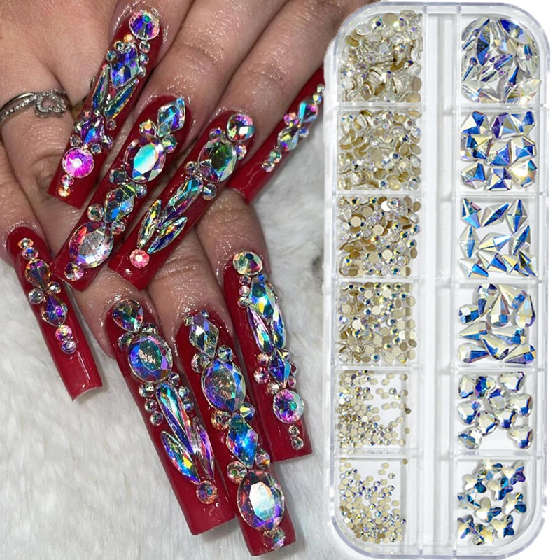 12Grids/Box Crystal Nail Art Rhinestones Glass SS4-SS16 Nail Stones Shiny Flatback 3D DIY Nail Art Decoration