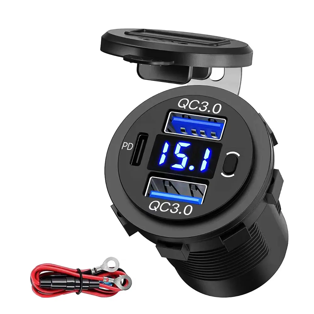 

Universal PD QC3.0 Dual USB Car Fast Charger Socket with LED Digital Voltmeter Button Switch for 12-24V Car Marine Boat Truck
