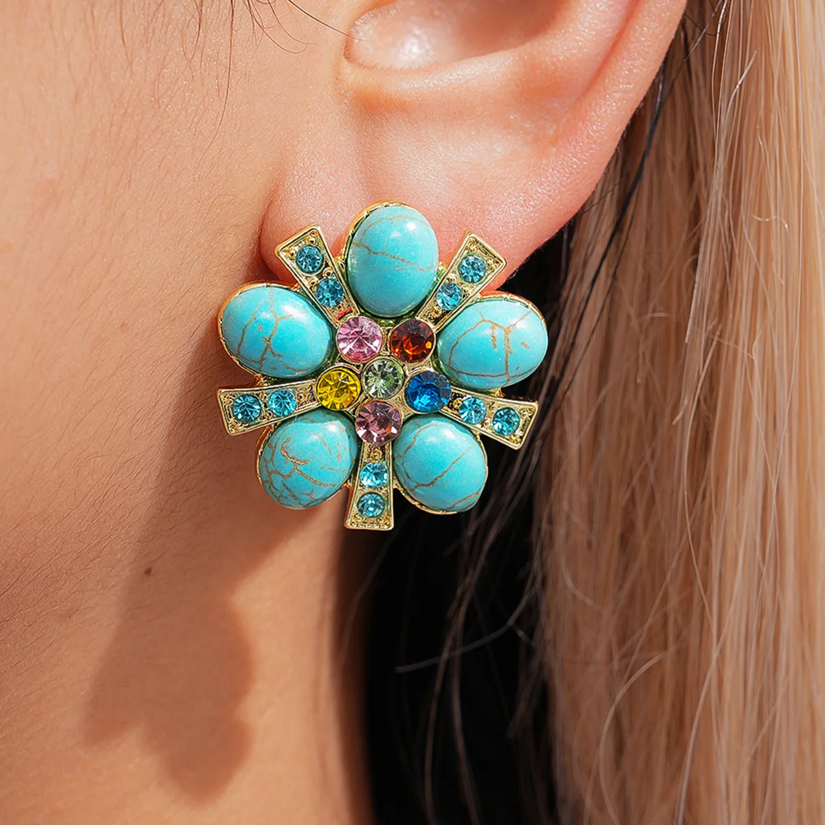 2026 New Ethnic Earrings With Blue Resin Rhinestones Creative Flower Design Ear Jewelry