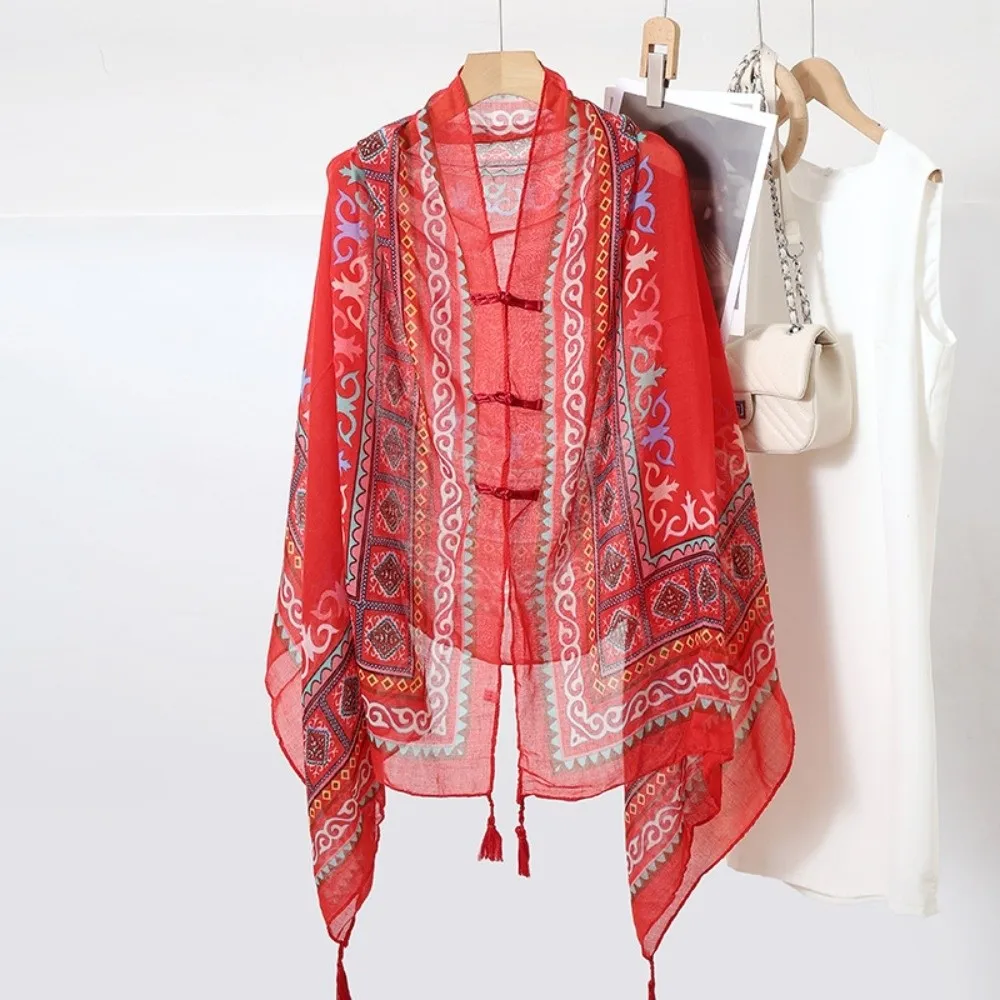 

Элегантный пляжный шарф-накидка с узлами и пуговицами, с бахромой, узором пейсли, в национальном стиле, мягкий, тонкий, для защиты от солнца