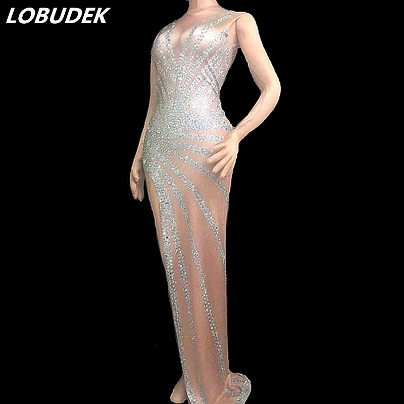 Sexy Slit At The Thigh Long Dress Fashion Star Singer Host Sleeveless Rhinestones Dress Nightclub Bar Party Female Stage Costume