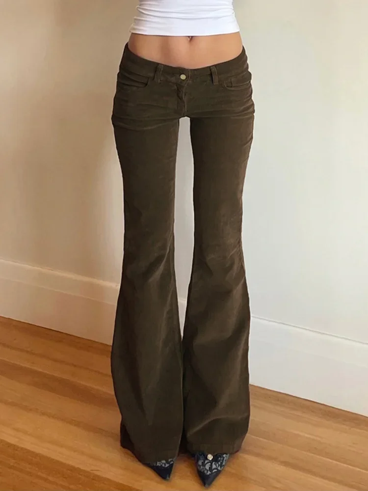 Vintage Aesthetic Leisure Flared Pants Solid Chic 90s Chic Pockets Trousers for Women Fashion Low Waisted Bottoms