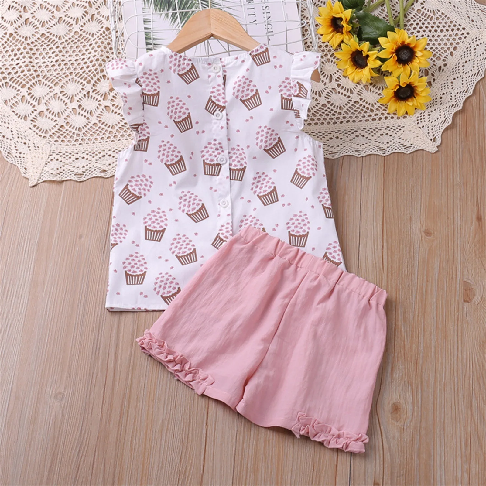 1 2 3 4 5 6 anni Set di abbigliamento per ragazze senza maniche Summer Ice Cream Bow Top t-shirt + pantaloni 2 pezzi Suit Toddler abbigliamento per