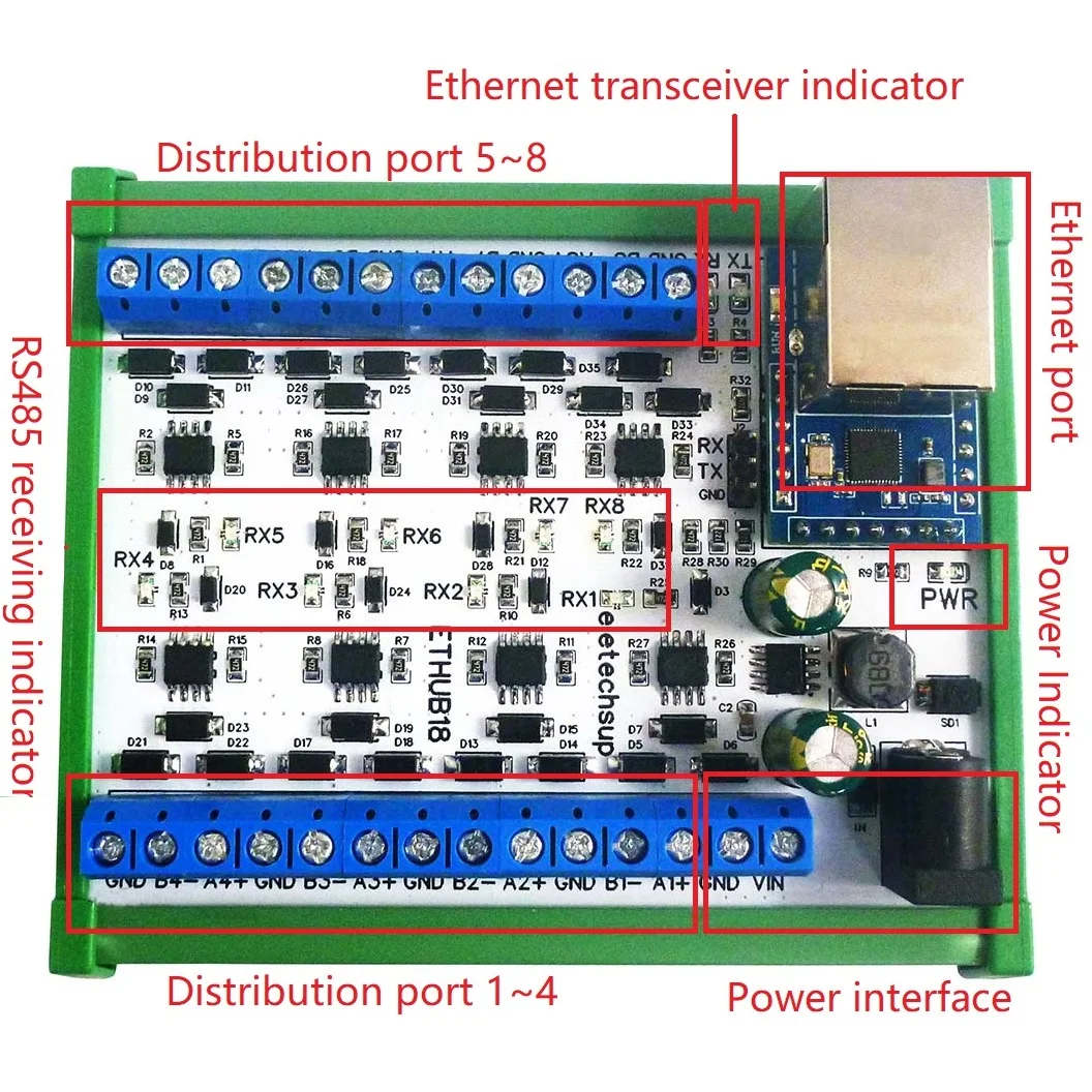 8CH DC12-24V Ethernet Network RS485 HUB Converter For UDP TCP Modbus TCP RTU MQTT HTTP PLC Configuration Software Raspberry Pi