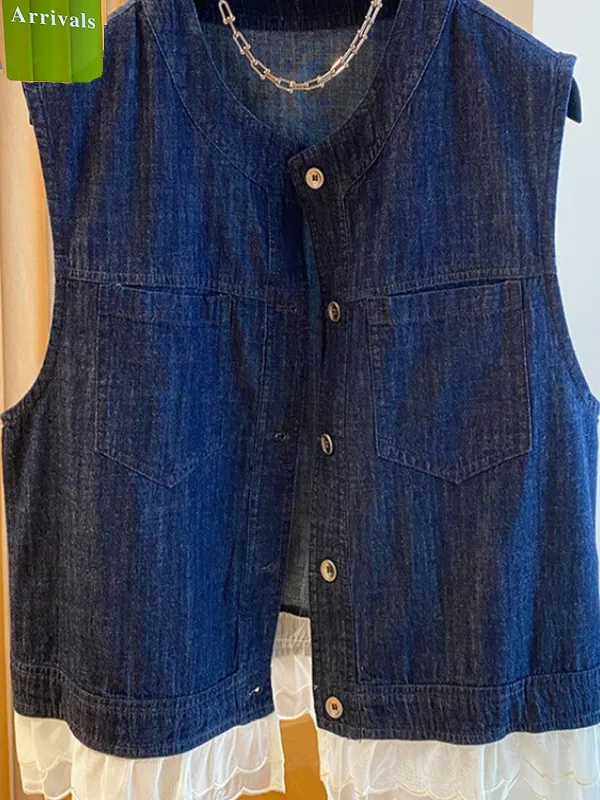 

Thin Me Splicing Denim Vest Women's Spring Summer New Loose Svel oulder Pad Thin Outerwear Top European Sle