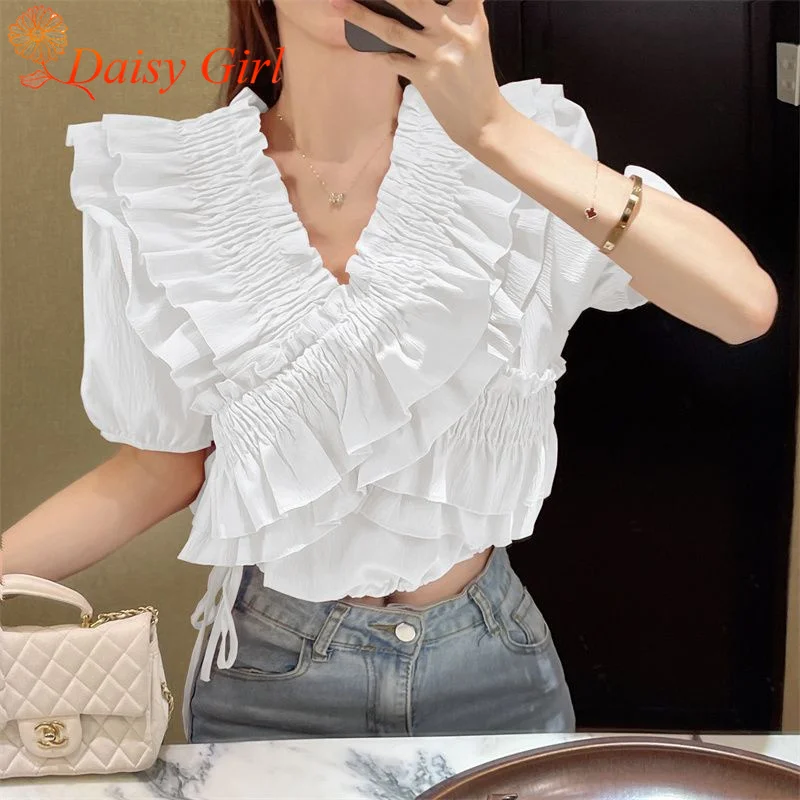 여름 얇은 달콤한 프릴 크로스 플리츠 시크 퍼프 슬리브 v 넥 쉬폰 셔츠 소녀의 귀 묶인 짧은 솔리드 컬러 탑