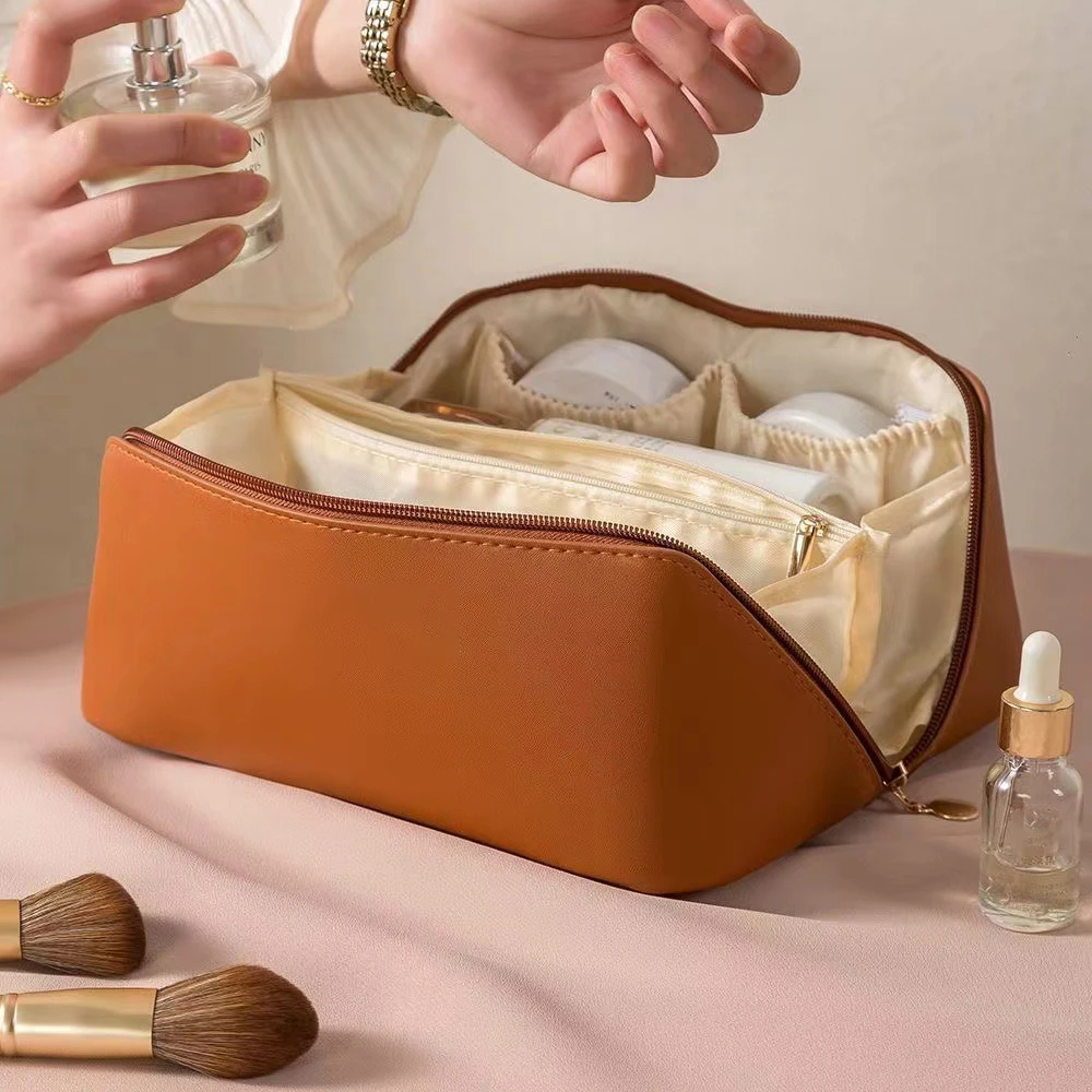 Bolsa de cosméticos de viaje de cuero de gran capacidad, estuche de maquillaje portátil para mujer, organizador de artículos de tocador