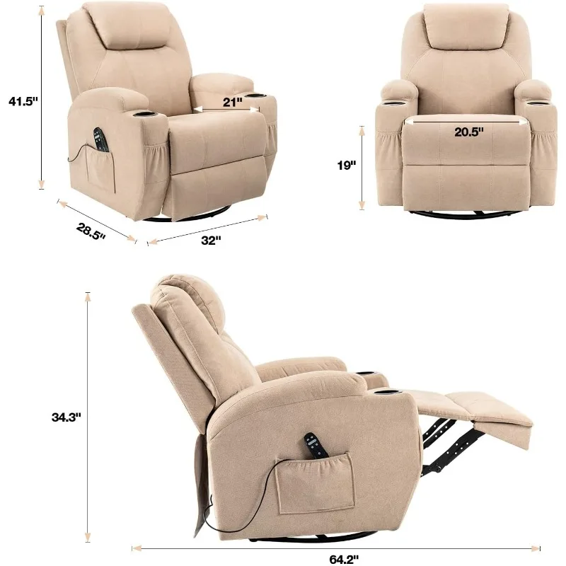 Massage Swivel Ergonomic Lounge Chair Classic Single Sofa,2 Cup Holders Side Pockets Living Room Chair Home Theater Seat (Beige)